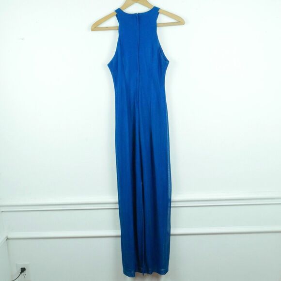 Vintage 3 4 Prom Dress 90s Y2K Blue Green Iridiscent Shiny Metallic Column Maxi - Picture 8 of 11